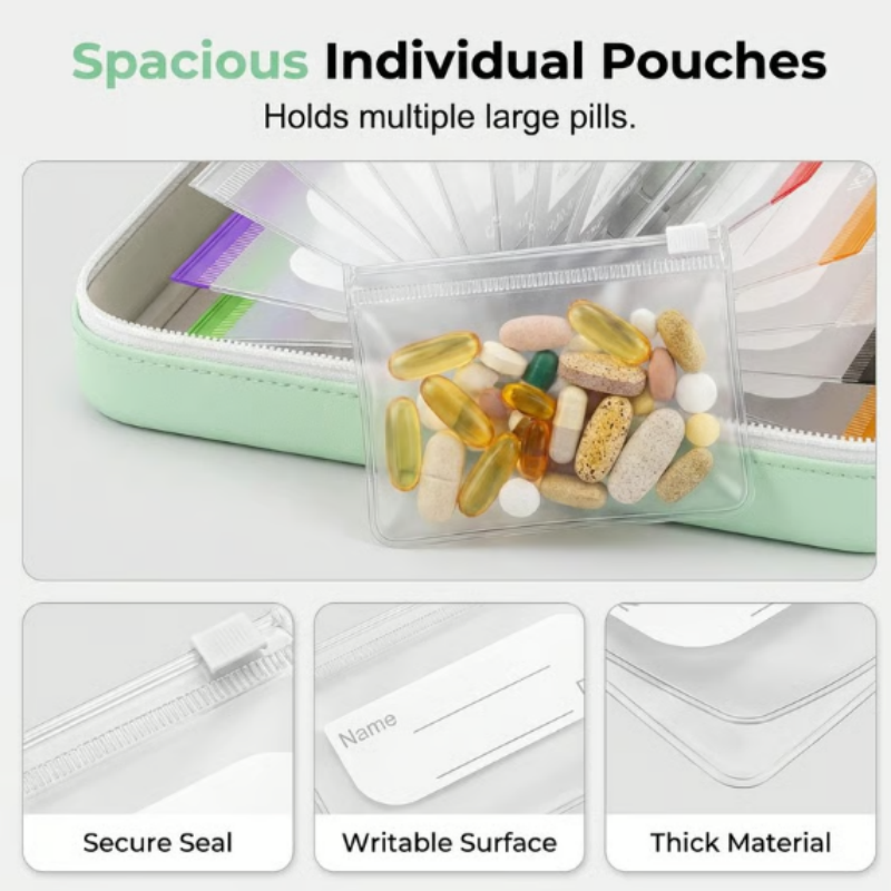 Weekly pill organiser with clear labelled pouches in a zipped case
