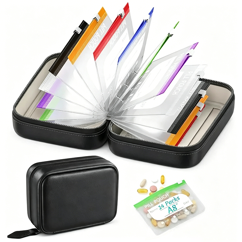 Weekly pill organiser with clear labelled pouches in a zipped case