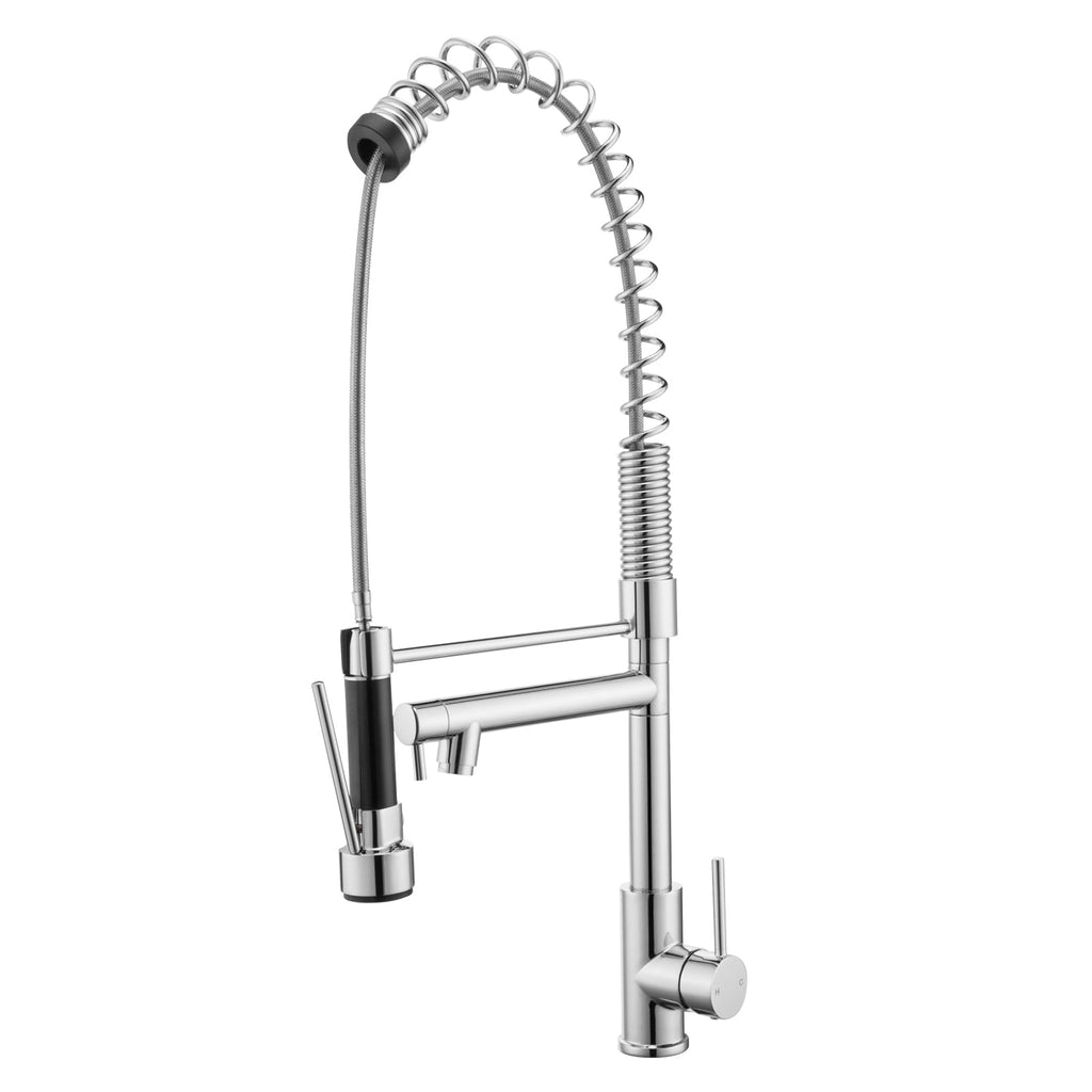 Chrome commercial-style kitchen sink mixer tap with dual spout and spring coil