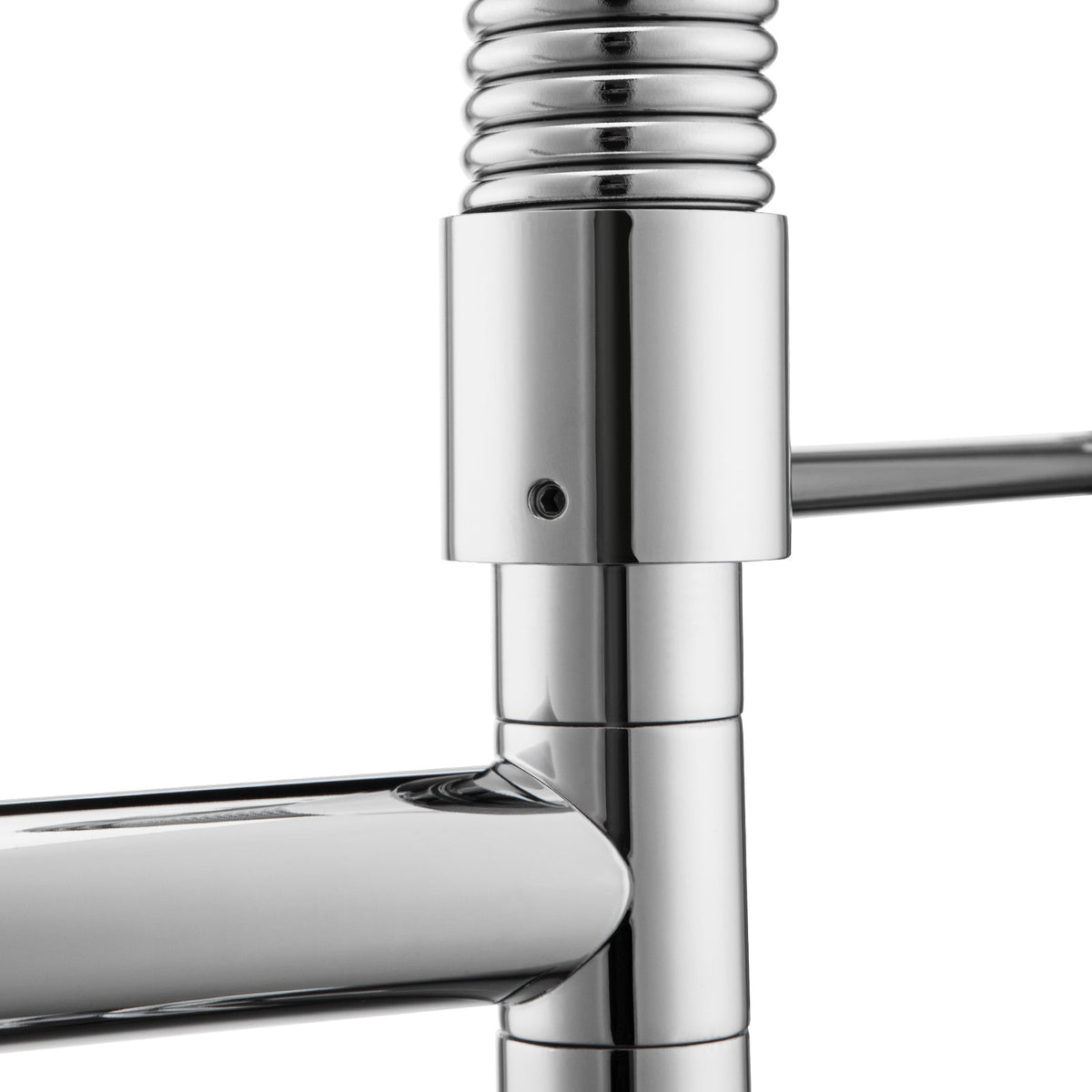 Chrome commercial-style kitchen sink mixer tap with dual spout and spring coil
