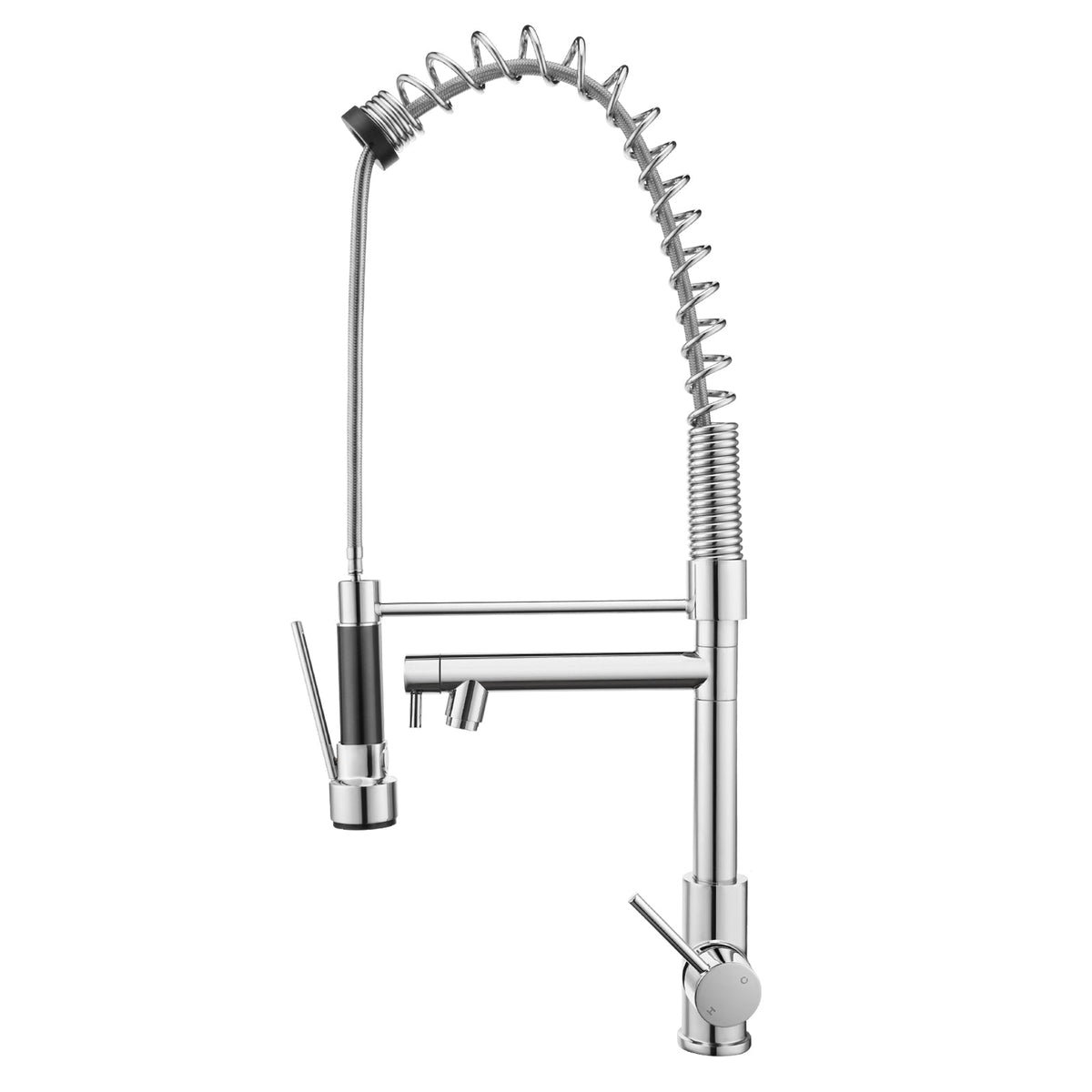 Chrome commercial-style kitchen sink mixer tap with dual spout and spring coil