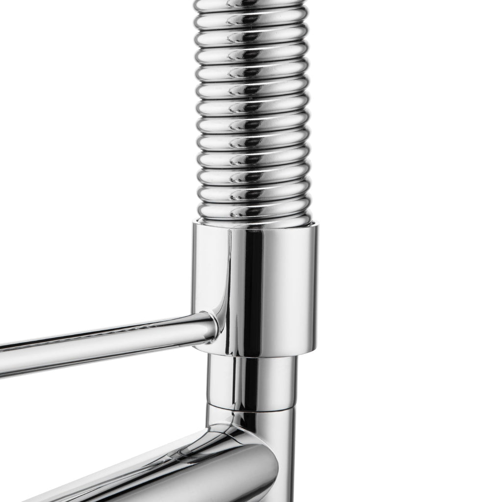 Chrome commercial-style kitchen sink mixer tap with dual spout and spring coil