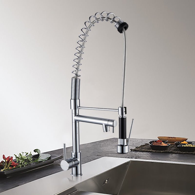 Chrome commercial-style kitchen sink mixer tap with dual spout and spring coil
