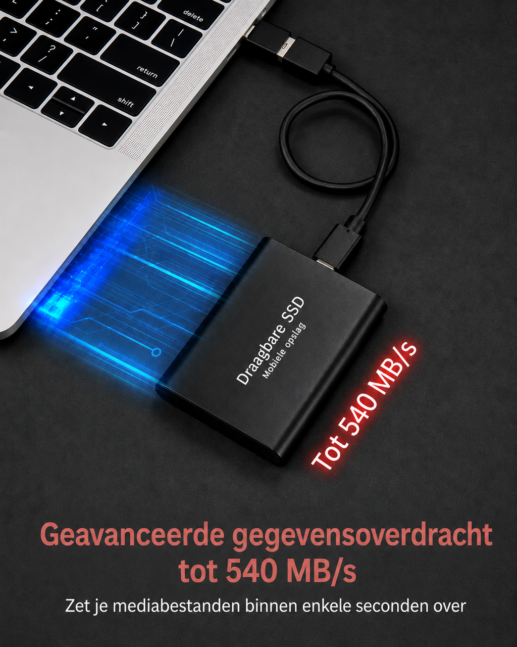 Portable external SSD with USB cable and 128TB marking