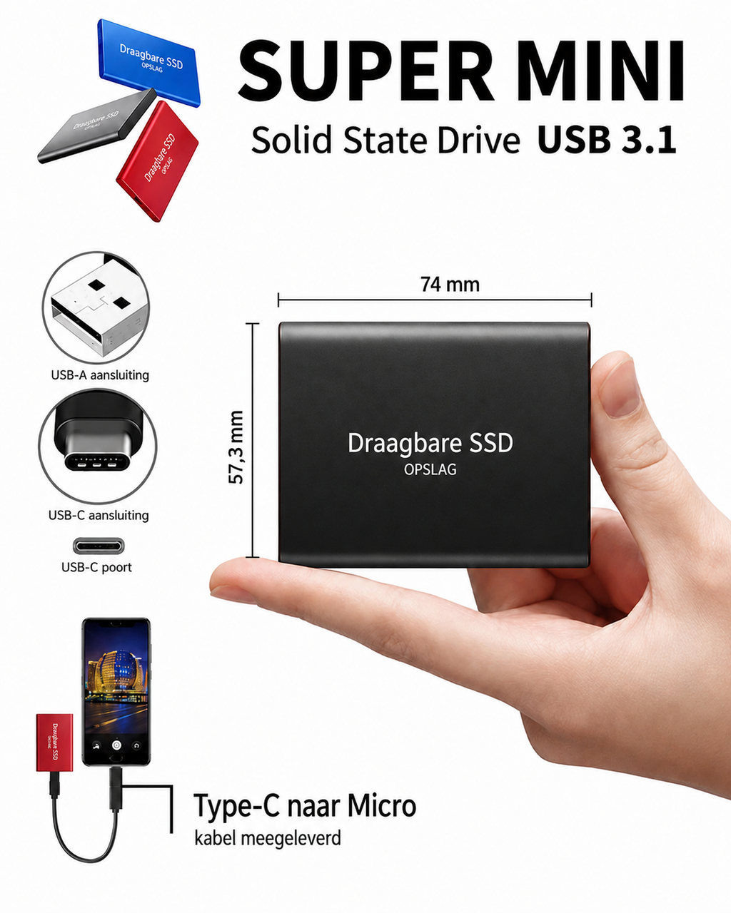 Portable external SSD with USB cable and 128TB marking
