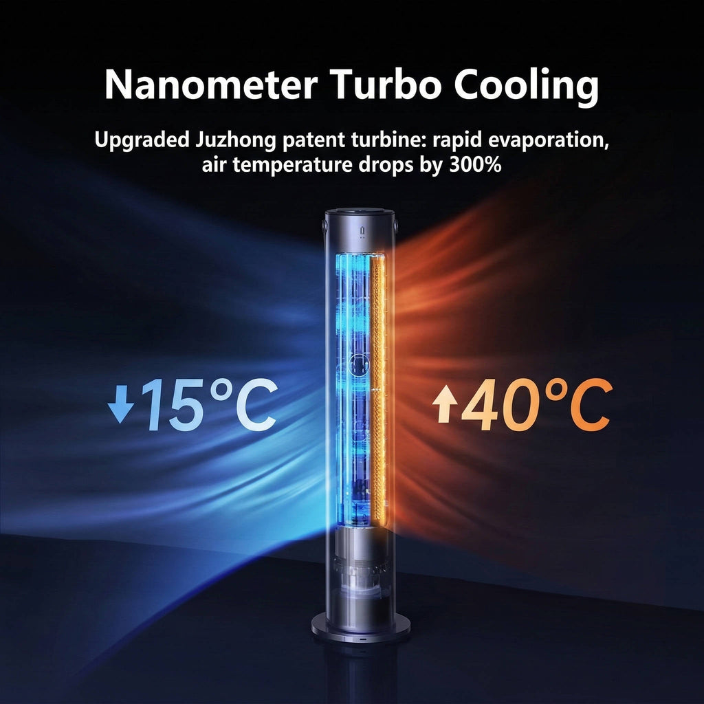 Grey tower air cooler with front vents and circular base