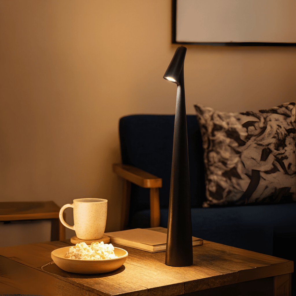 Rechargeable conical table lamp with an angled downward-facing shade