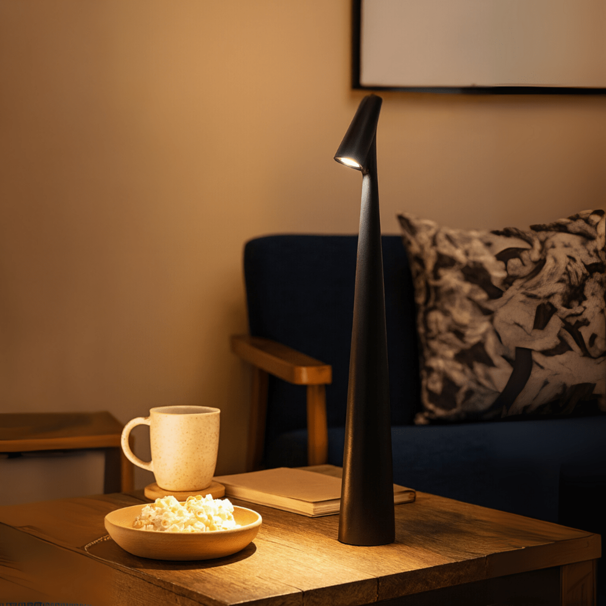 Rechargeable conical table lamp with an angled downward-facing shade