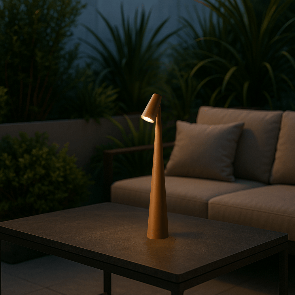 Rechargeable conical table lamp with an angled downward-facing shade