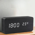 LED digital alarm clock with wooden-effect housing and time and temperature display