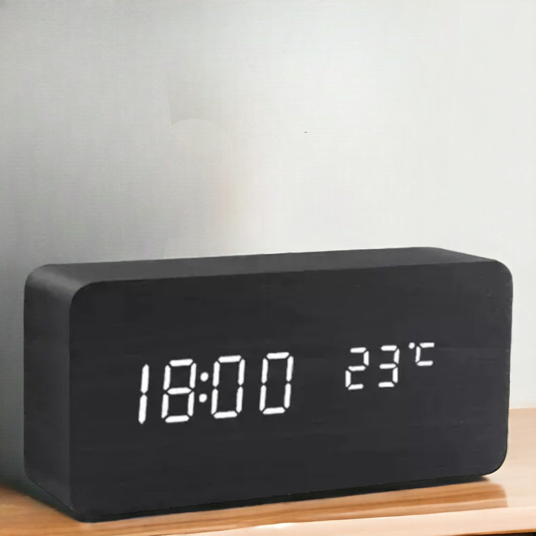 LED digital alarm clock with wooden-effect housing and time and temperature display