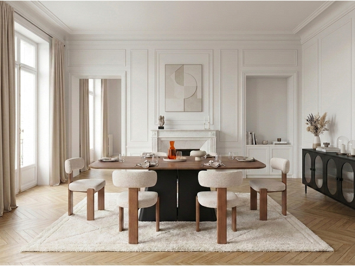 Rectangular extendable dining table with a brown wood-effect top and black pedestal base