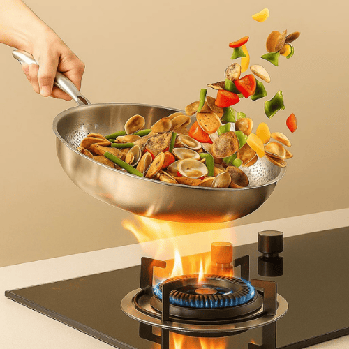 Silver uncoated titanium frying pan with long handle on a hob