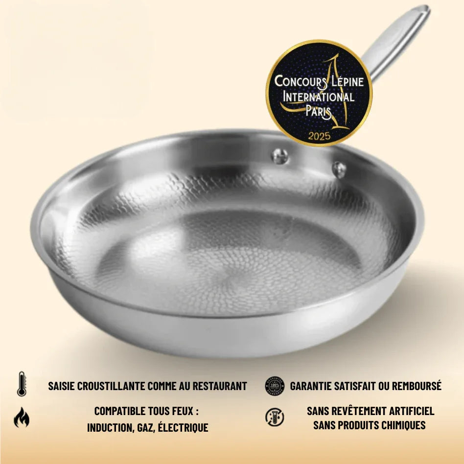 Silver non-stick frying pan with honeycomb cooking surface and long handle