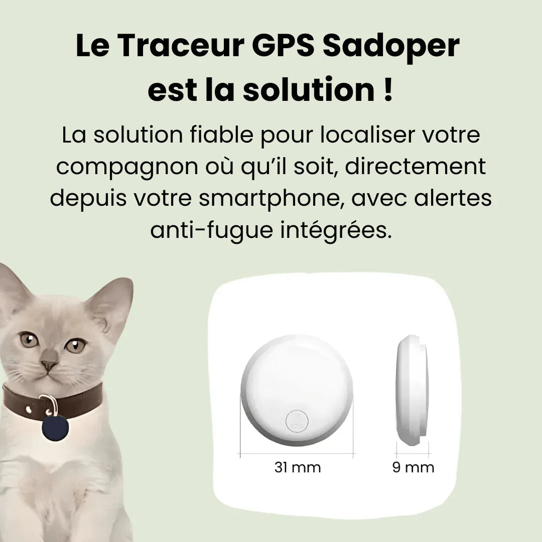 Round GPS tracker for cats shown beside a cat and in multiple colour options