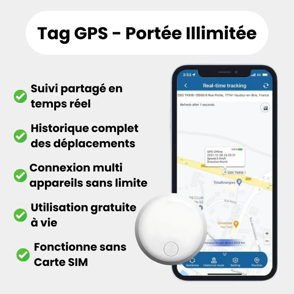Round GPS tracker for cats shown beside a cat and in multiple colour options