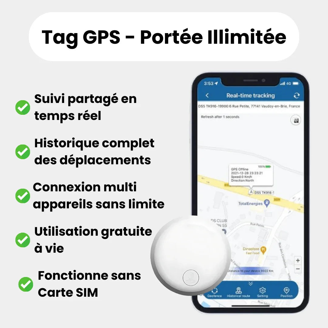 Round GPS tracker for cats shown beside a cat and in multiple colour options