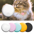 Round GPS tracker for cats shown beside a cat and in multiple colour options