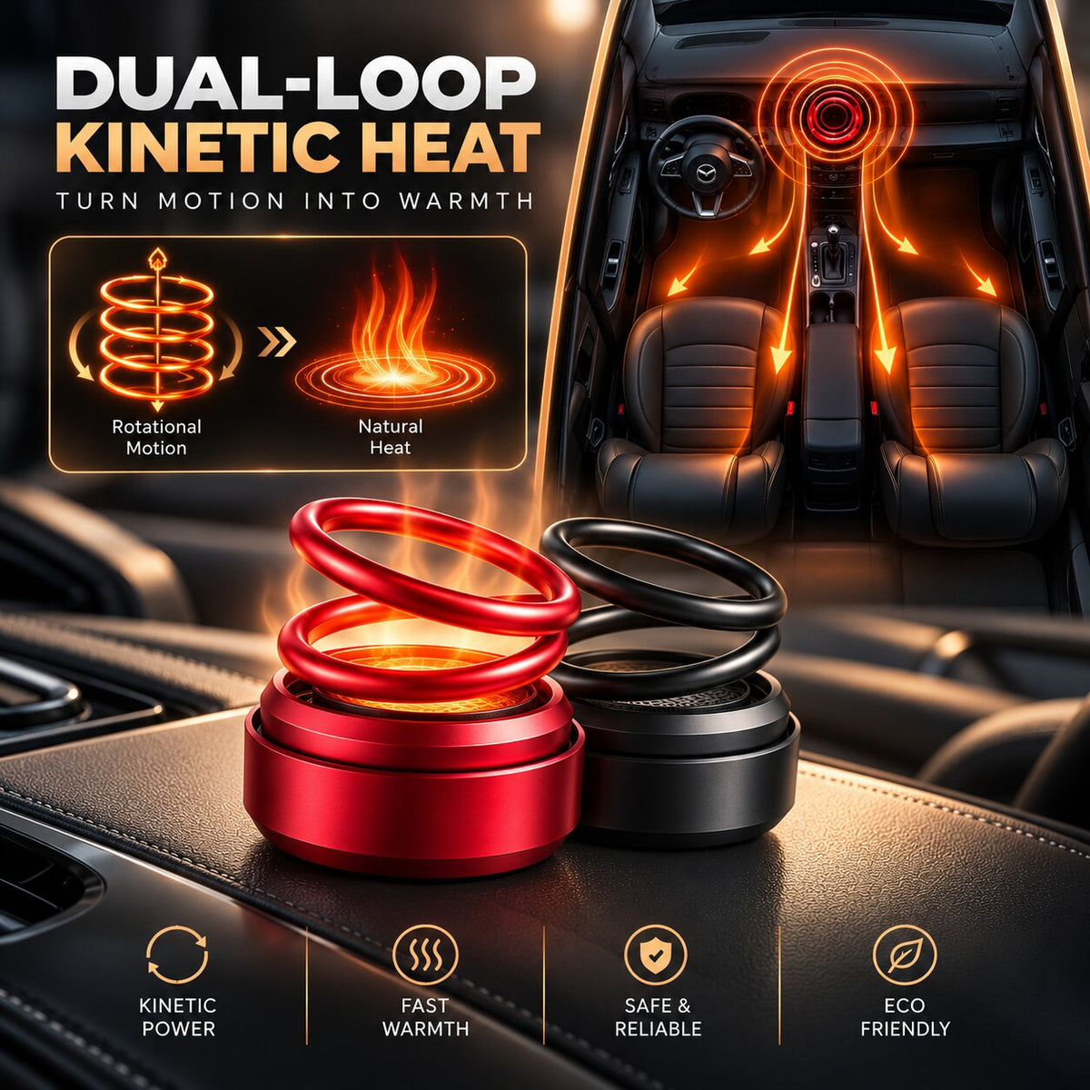 Portable coiled heater with circular base shown in black and red variants