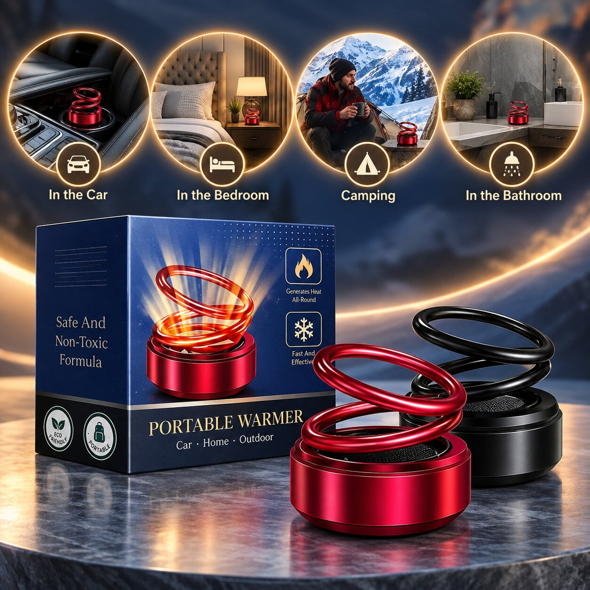 Portable coiled heater with circular base shown in black and red variants