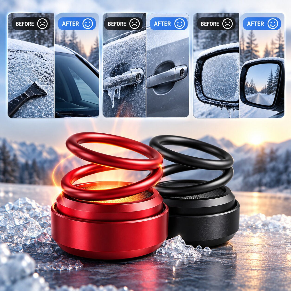 Portable coiled heater with circular base shown in black and red variants