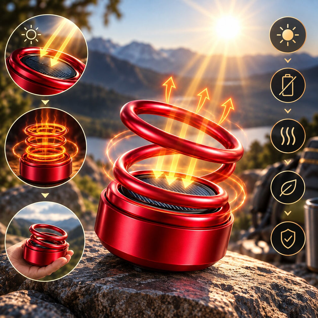 Portable coiled heater with circular base shown in black and red variants