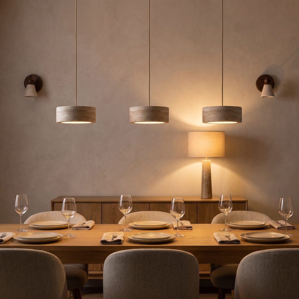 Beige textured travertine pendant light with black cord and ceiling mount