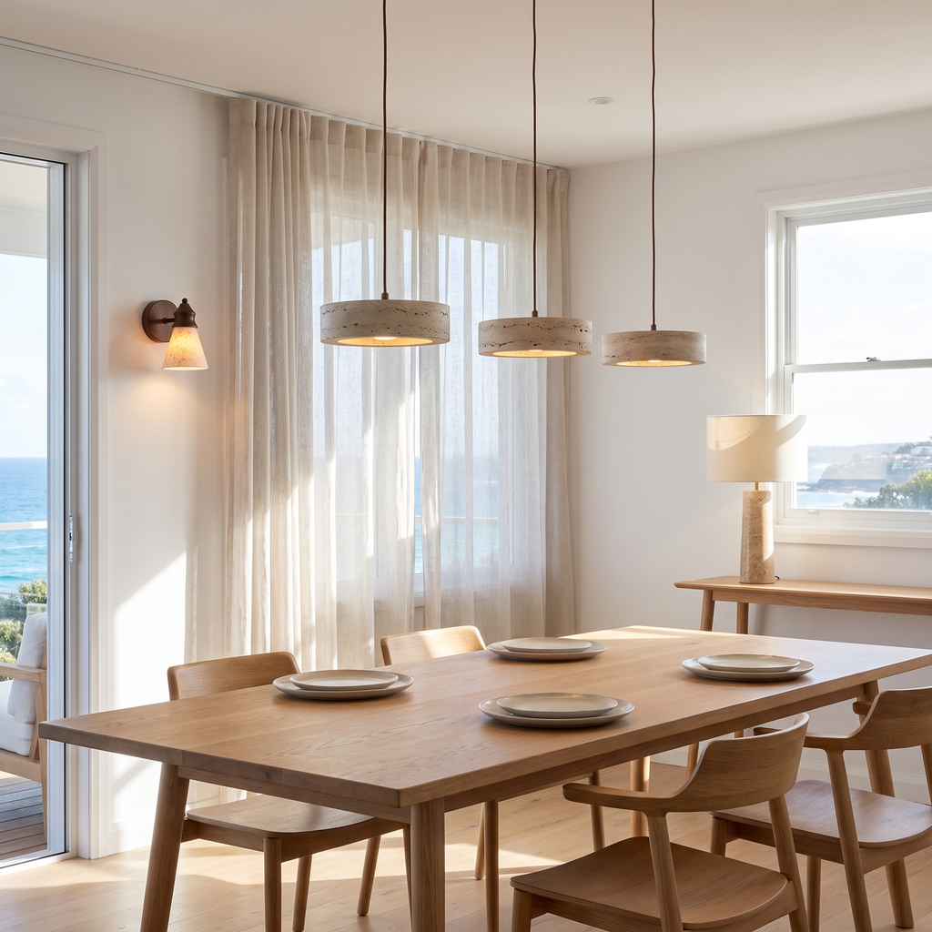 Beige textured travertine pendant light with black cord and ceiling mount