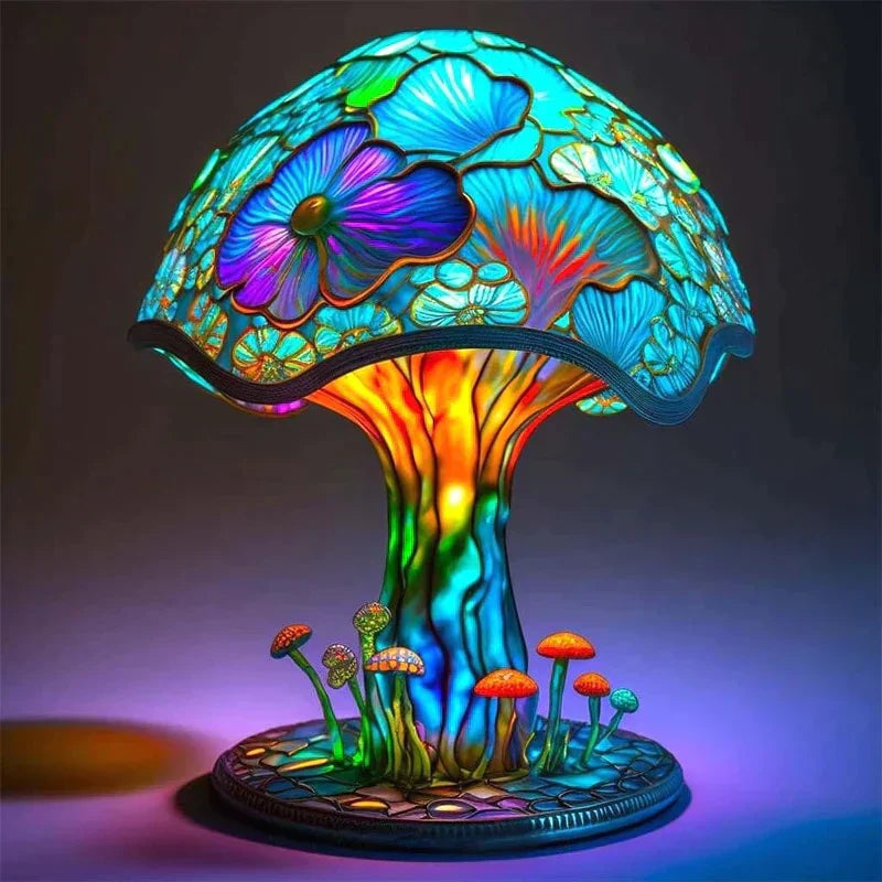 Colourful floral stained glass mushroom table lamp