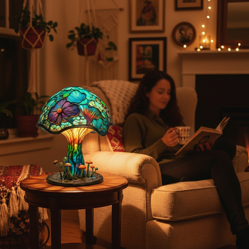 Colourful floral stained glass mushroom table lamp