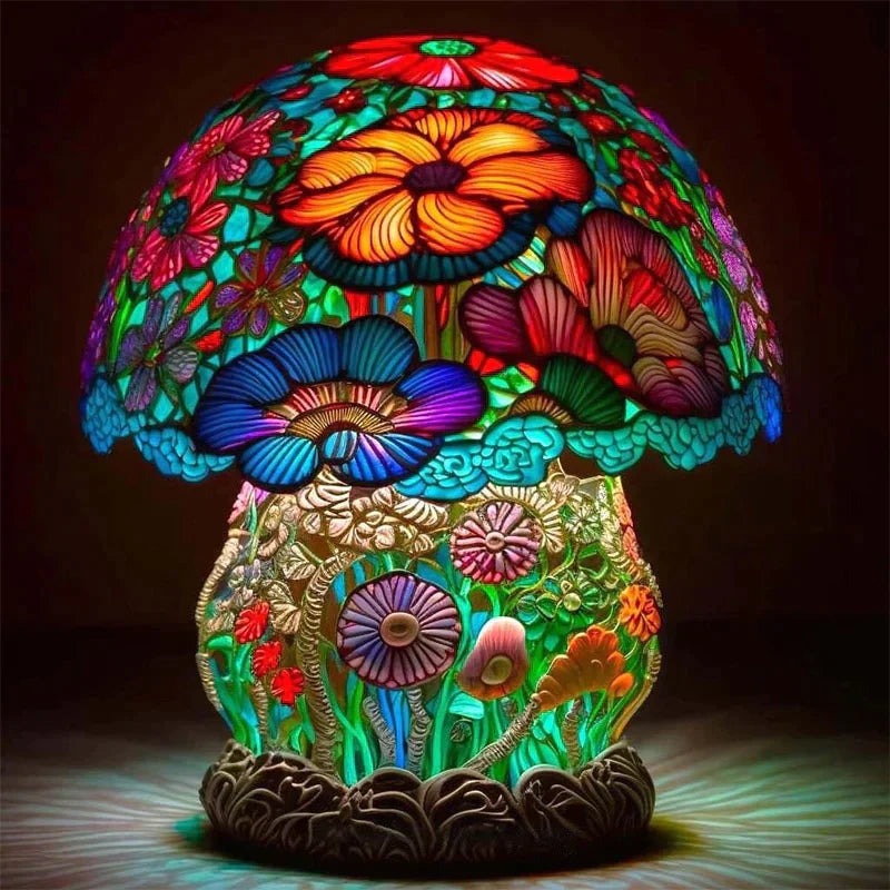 Colourful floral stained glass mushroom table lamp
