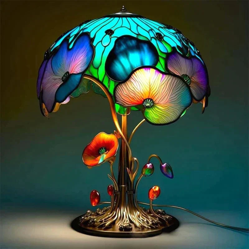 Colourful floral stained glass mushroom table lamp