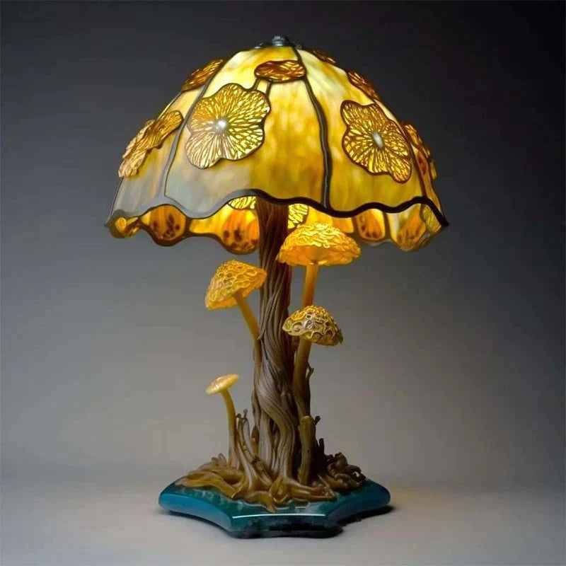 Colourful floral stained glass mushroom table lamp