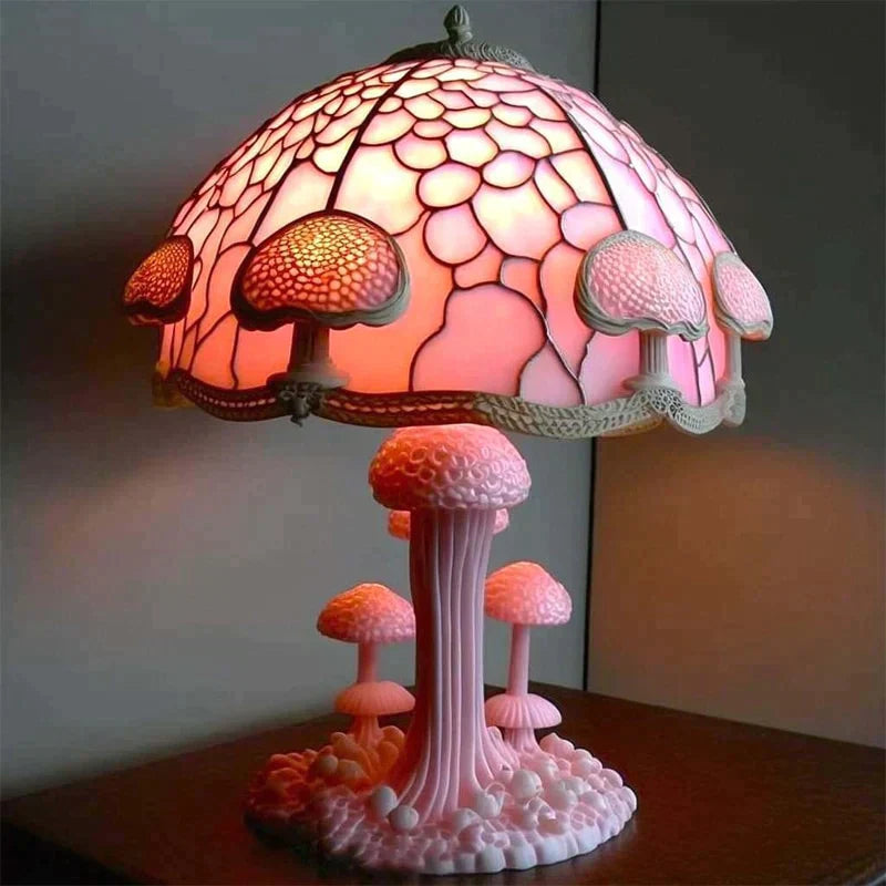 Colourful floral stained glass mushroom table lamp