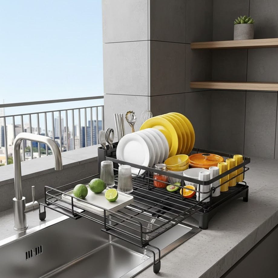 Black dish drying rack with drip tray beside a kitchen sink