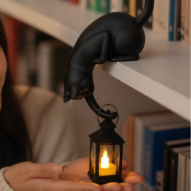Cat figurine perched on a shelf with a hanging LED lantern