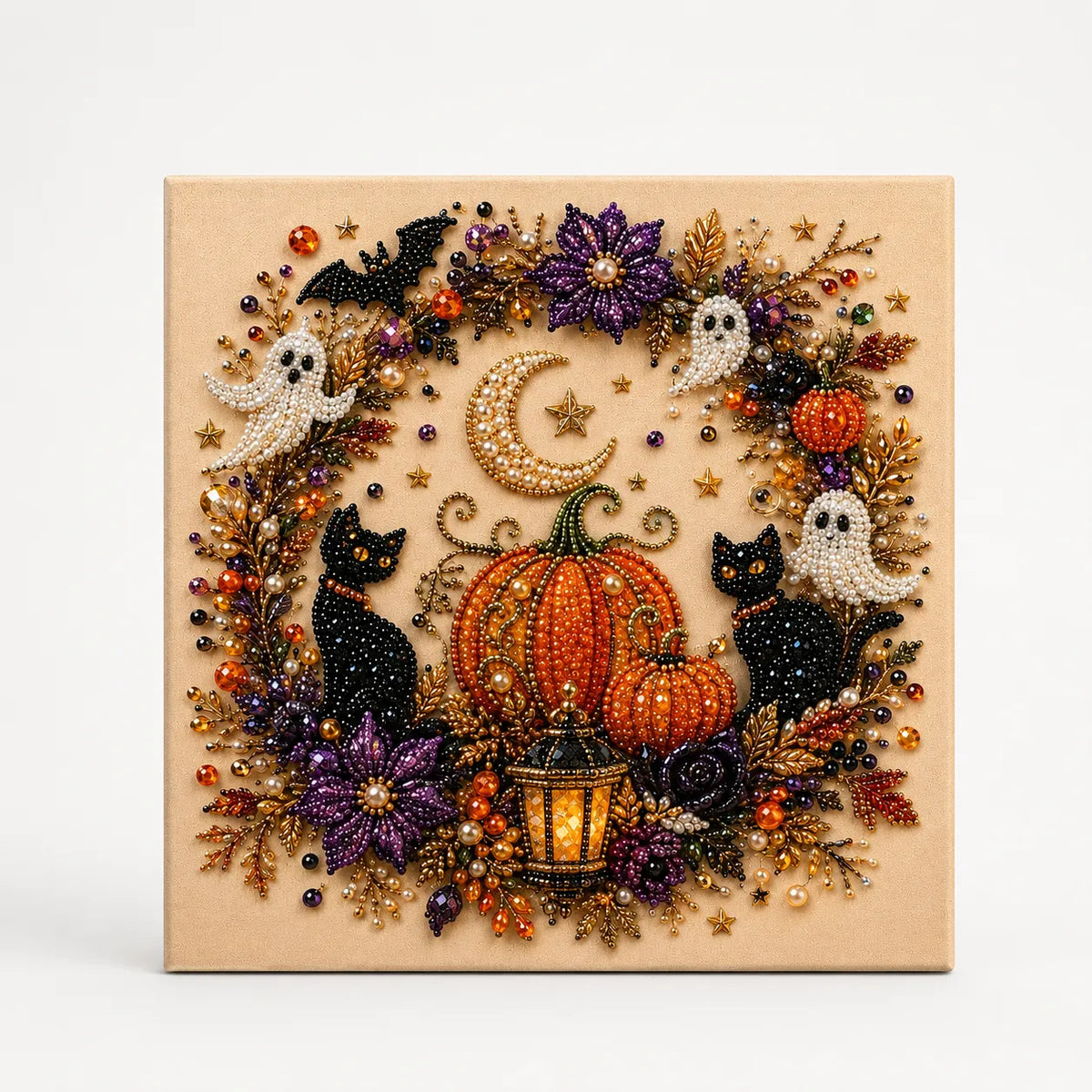 Halloween pearl-like beaded wall art panel with ghosts, pumpkins and stars