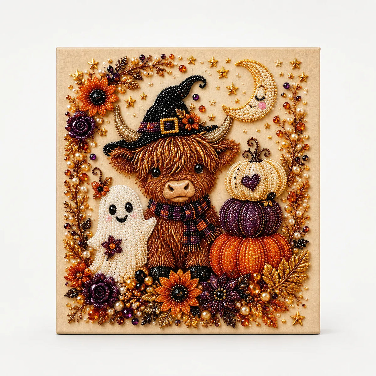 Halloween pearl-like beaded wall art panel with ghosts, pumpkins and stars