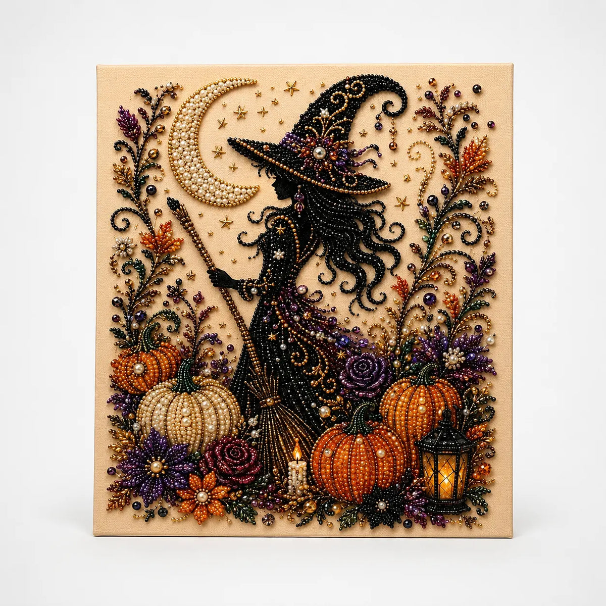Halloween pearl-like beaded wall art panel with ghosts, pumpkins and stars