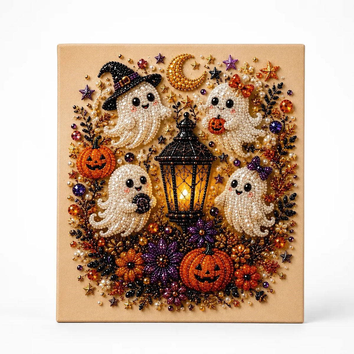Halloween pearl-like beaded wall art panel with ghosts, pumpkins and stars