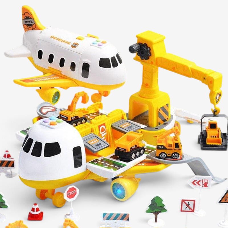 Aircraft playset with mini vehicles, ramps, crane and road accessories