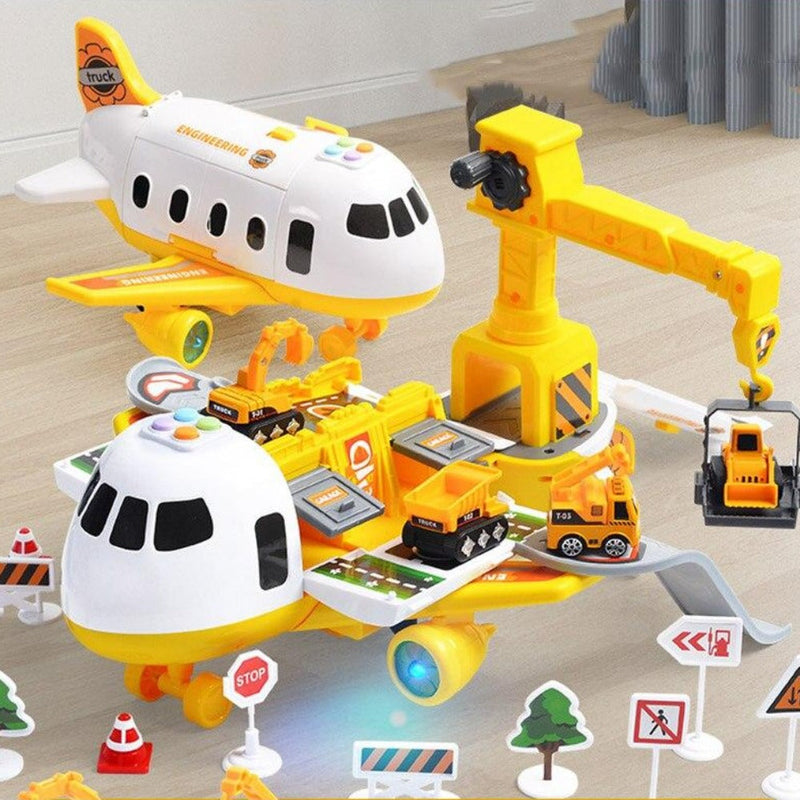 Aircraft playset with mini vehicles, ramps, crane and road accessories