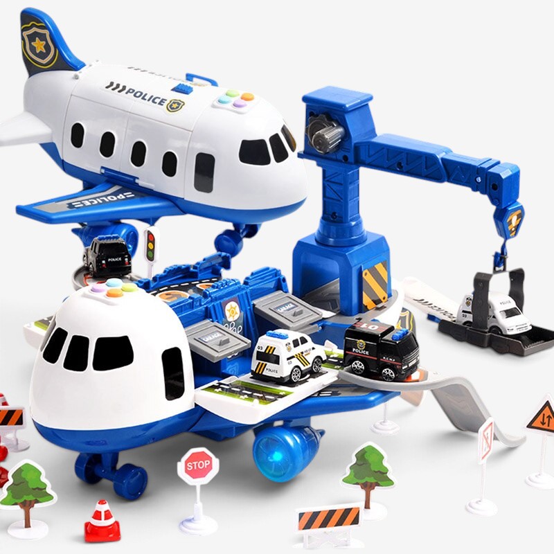 Aircraft playset with mini vehicles, ramps, crane and road accessories