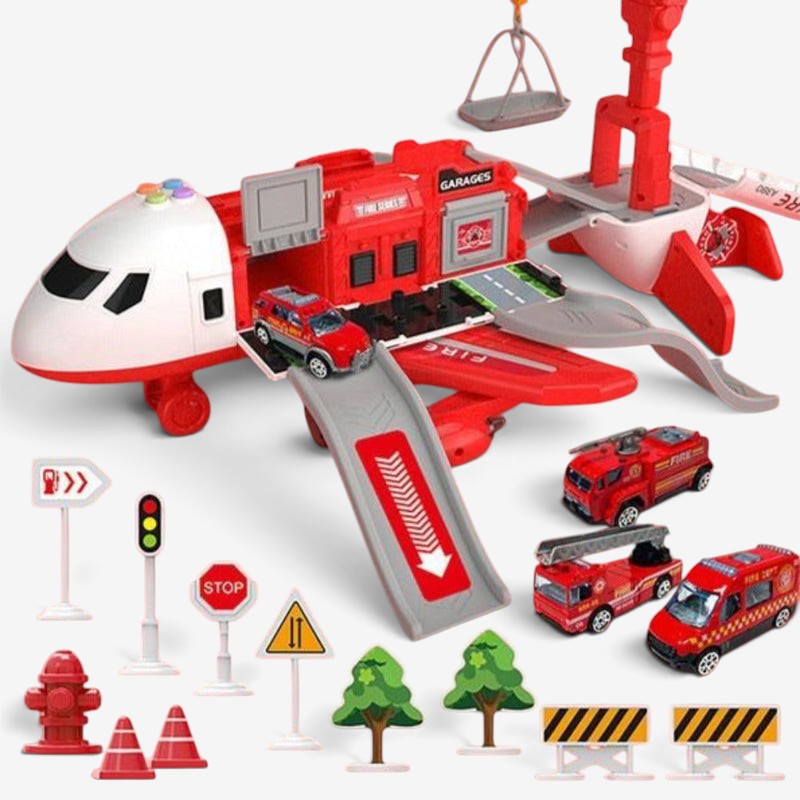 Aircraft playset with mini vehicles, ramps, crane and road accessories