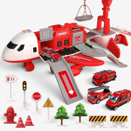 Aircraft playset with mini vehicles, ramps, crane and road accessories