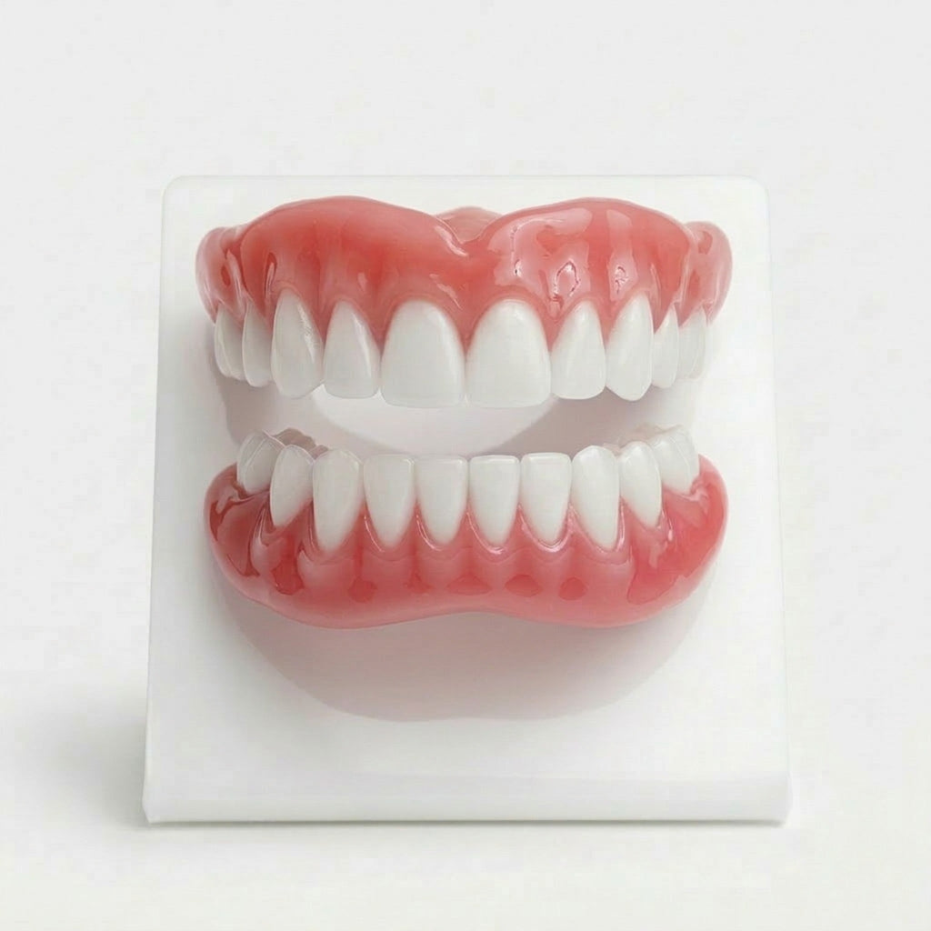 Flexible pink and white removable dental prosthesis set with clear tray