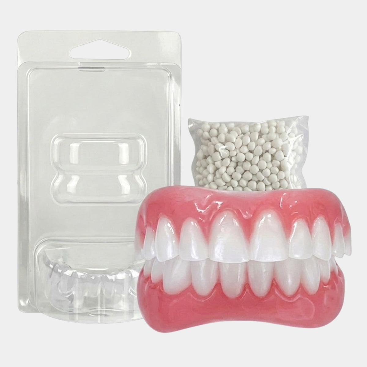 Flexible pink and white removable dental prosthesis set with clear tray