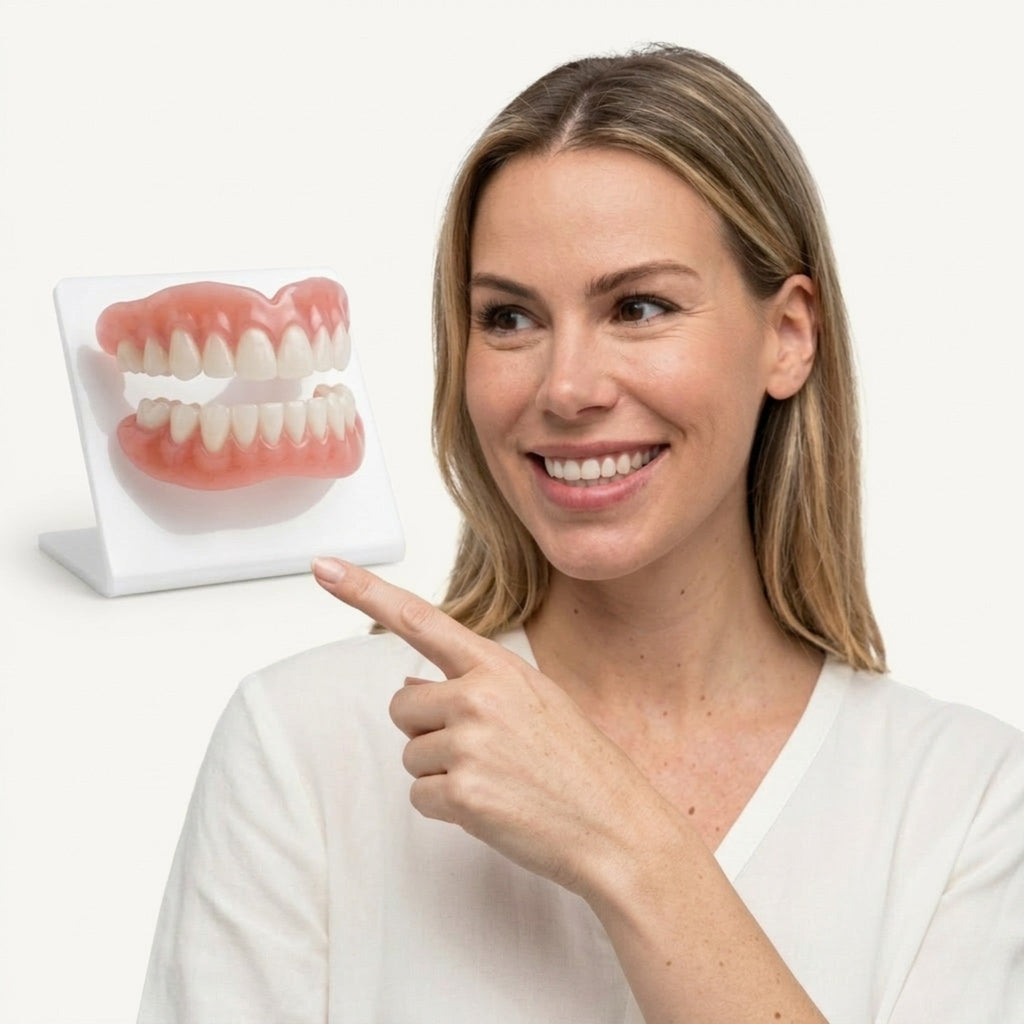 Flexible pink and white removable dental prosthesis set with clear tray