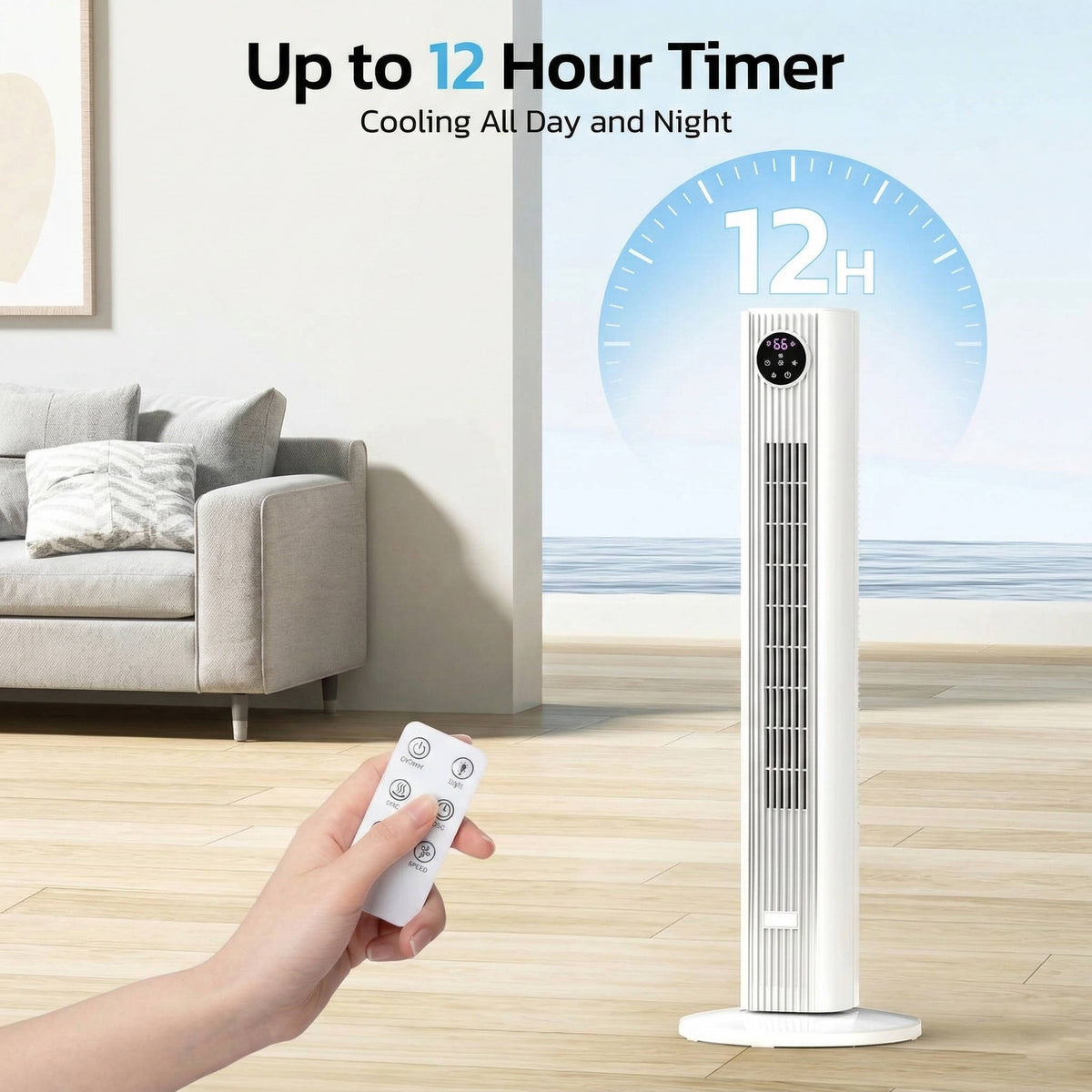 White portable tower air cooler with digital display and round base