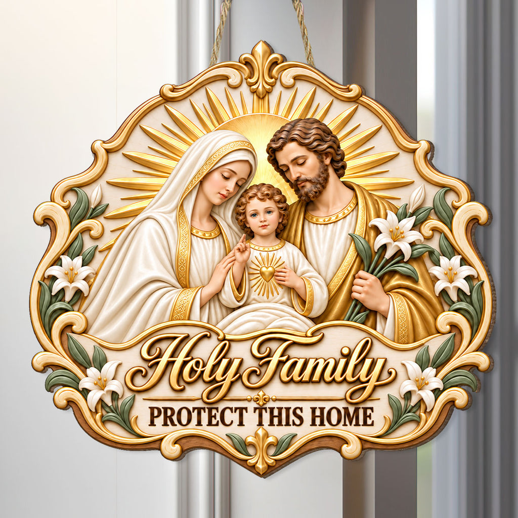 Holy Family wooden door sign with ornate religious artwork and hanging cord